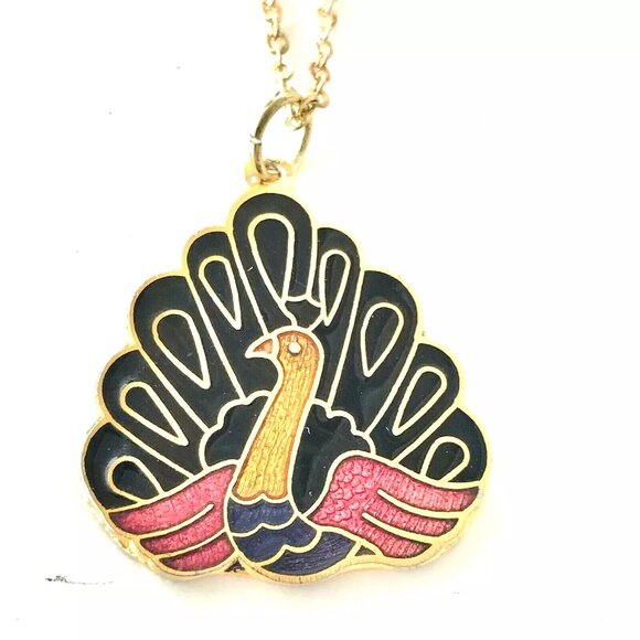Vintage Cloisonné Peacock Pendant Necklace Enamel Gold Plated Purple Pink Black - Picture 1 of 11